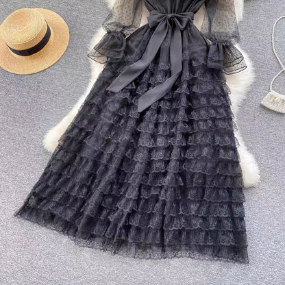 Palace style dress for women sweet fungus lace fairy dress sexy see-through polka dot mesh dress skirt (D0985)