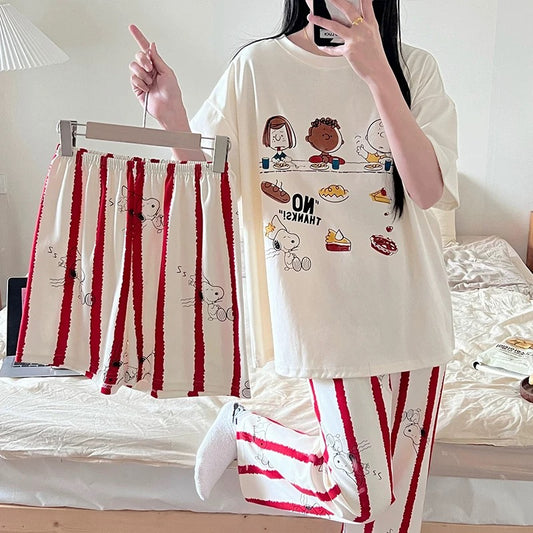 Pajamas women's short-sleeved trousers summer cotton thin junior high school students 13 girls big children cartoon cute three-piece set