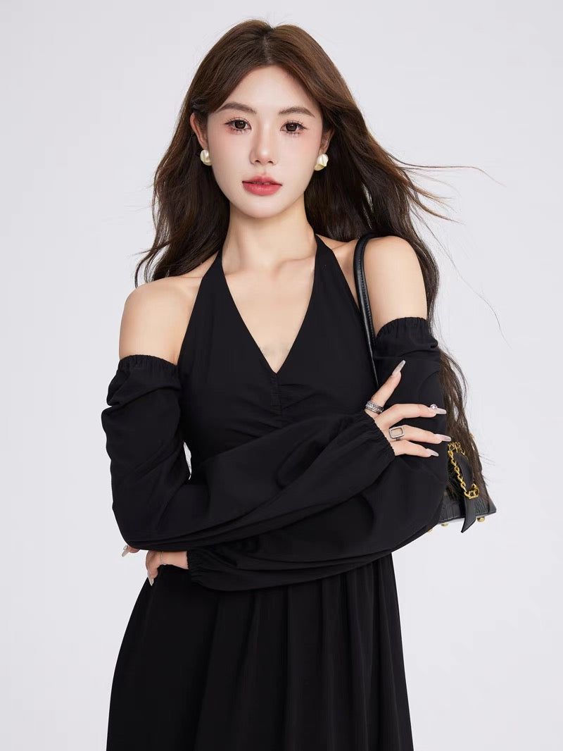 Volstagg black halter neck strapless dress for women autumn high waist Hepburn style mid-length V-neck skirt