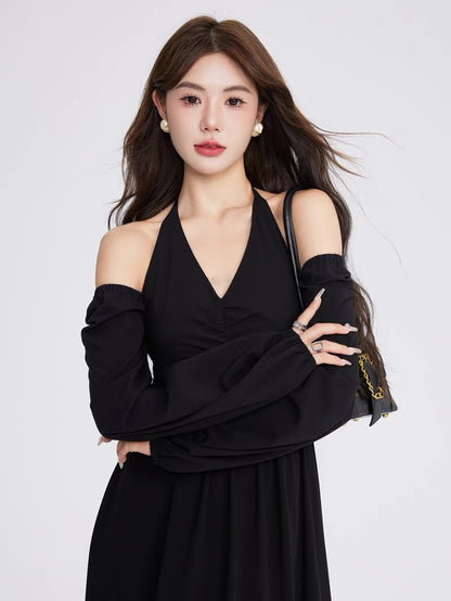 Volstagg black halter neck strapless dress for women autumn high waist Hepburn style mid-length V-neck skirt