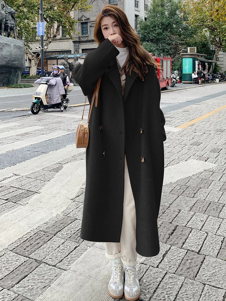 Pink double-faced velvet coat for women 2024 autumn and winter new Korean style loose mid-length Hepburn style woolen coat
