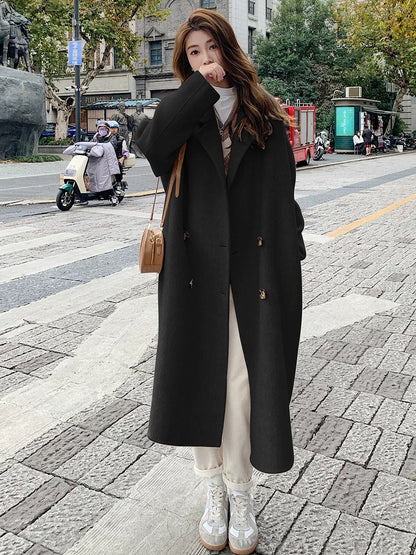 Pink double-faced velvet coat for women 2024 autumn and winter new Korean style loose mid-length Hepburn style woolen coat