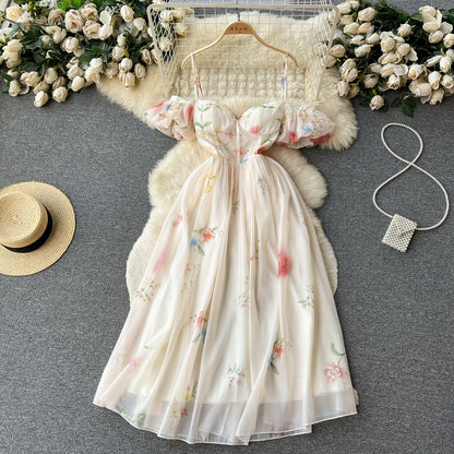 French one-shoulder tube top suspender dress for women in summer gentle style waist-cinching floral puff sleeves mesh fairy skirt