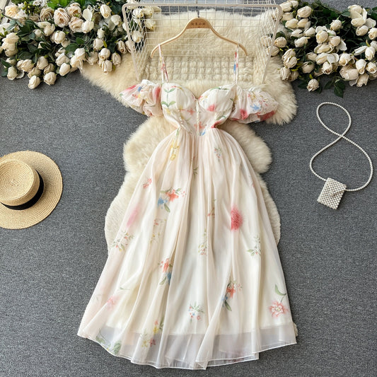 French one-shoulder tube top suspender dress for women in summer gentle style waist-cinching floral puff sleeves mesh fairy skirt
