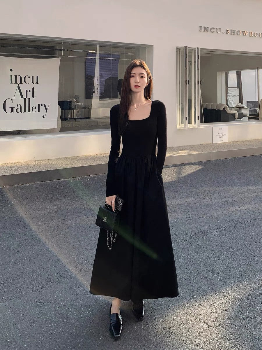 MULVAN square neck long-sleeved knitted dress for women, French style, high-end, waist slimming, A-line splicing long skirt (S0604)