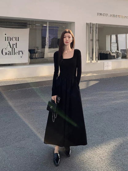 MULVAN square neck long-sleeved knitted dress for women, French style, high-end, waist slimming, A-line splicing long skirt (S0604)