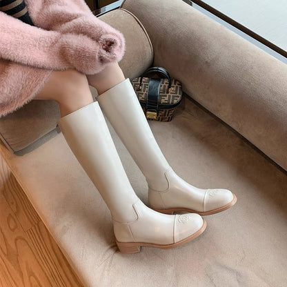 Cowhide boots, women's boots, students' mid-heel high boots, but knee boots, round-toed camellia, small fragrance, thick-heeled boots, new style