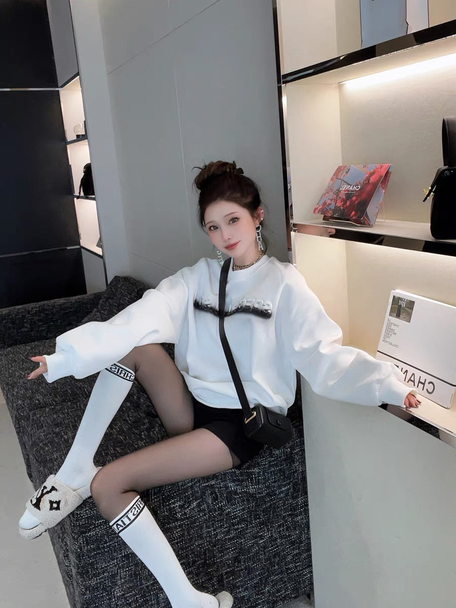 Xiao P Clothes Station mid-length lazy sweatshirt women's thin style high-end super good-looking pullover American retro loose top (T0943)