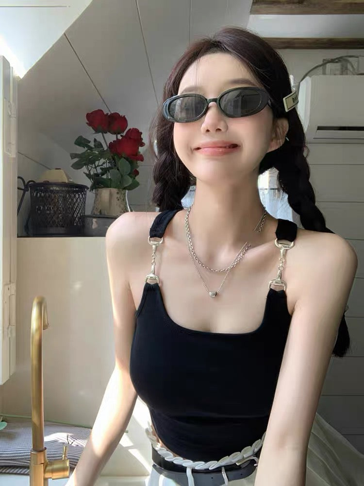 French sweet cool hot girl style black small camisole women's summer inner and outer wear niche chic sexy short top