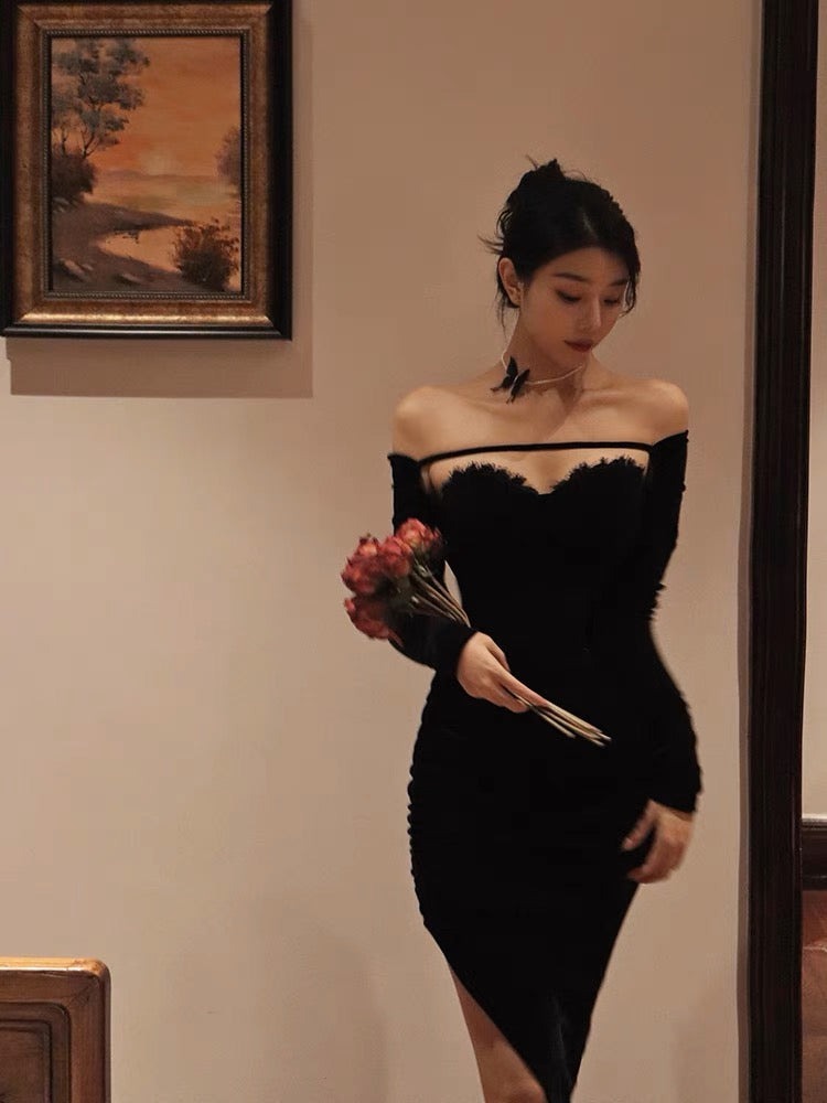 Thirteen and little velvet dress women's autumn high-end dress skirt slim slim slit long-sleeved skirt