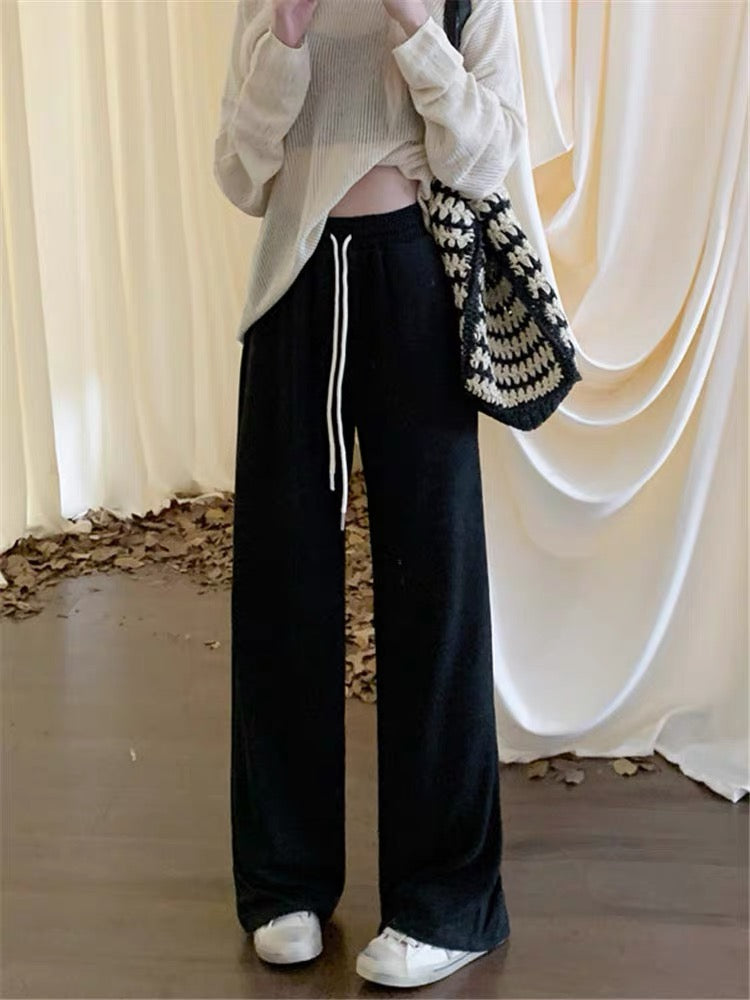 kumikumi gray casual pants for women in autumn and winter plus velvet slimming wide-leg pants straight trousers drawstring pants glutinous rice pants (B2345)
