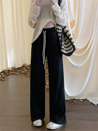 kumikumi gray casual pants for women in autumn and winter plus velvet slimming wide-leg pants straight trousers drawstring pants glutinous rice pants (B2345)