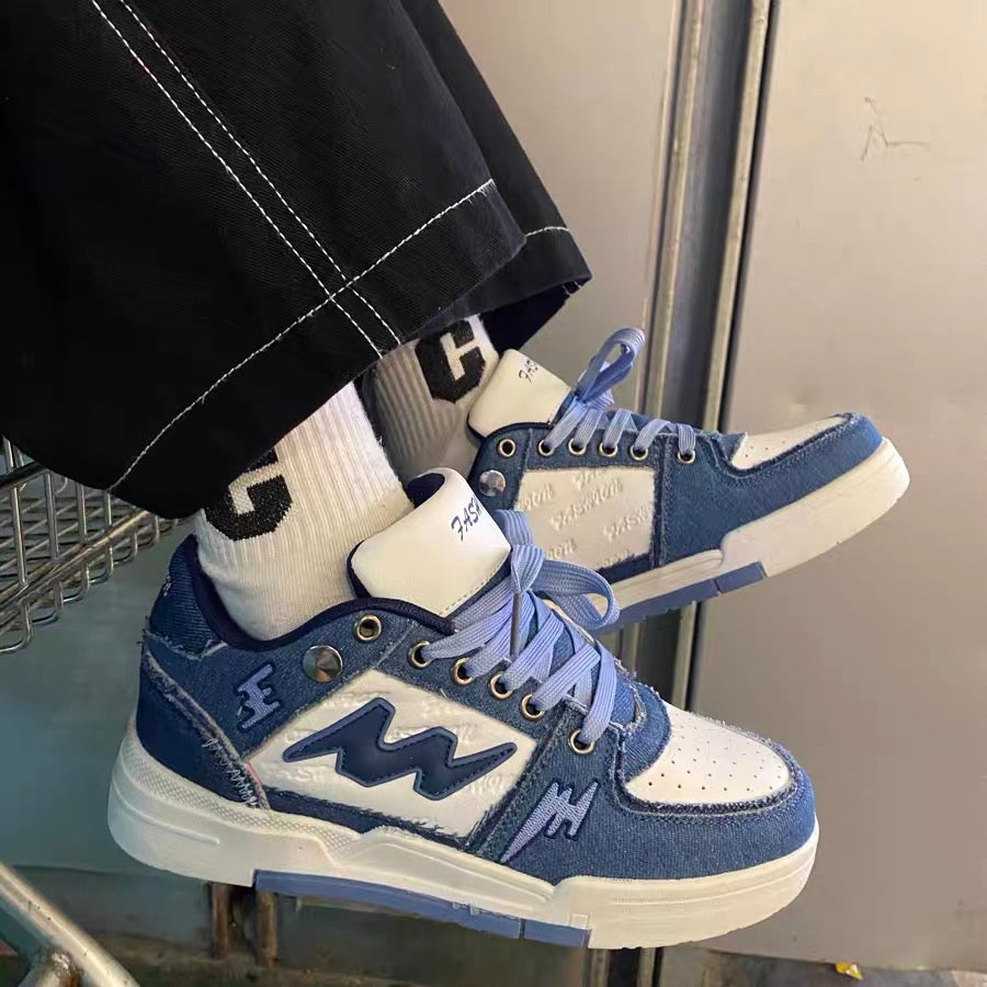 Guochao ins style denim blue splicing trend moral training shoes male chic niche hit color retro couple sports shoes