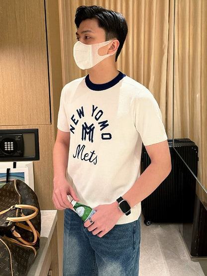 Summer new casual personalized letter embroidered white T-shirt men's fashion high-end slim round neck knitted short sleeve men