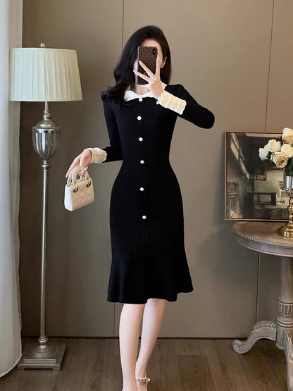 Celebrity Xiaoxiangfeng Knitted Dress 2023 New Elegant Temperament Showing Figure-Breaking Hip Skirt Slim Hem D5590