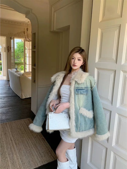 Wool splicing denim cotton coat women's winter retro washed loose lapel quilted cardigan cotton coat