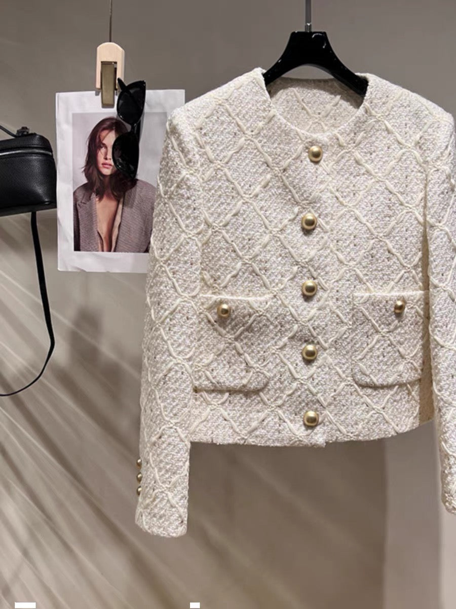 High-end rough French style jacket for women 2023 new autumn celebrity tweed temperament round neck top