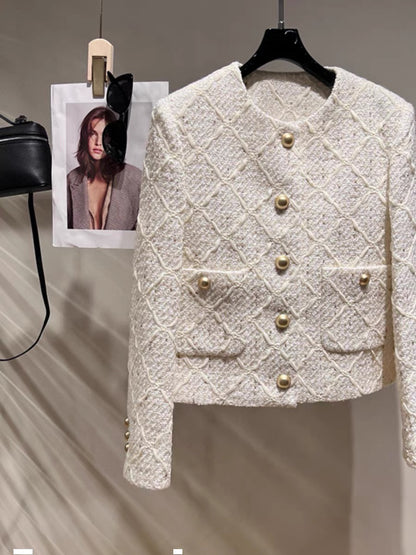 High-end rough French style jacket for women 2023 new autumn celebrity tweed temperament round neck top