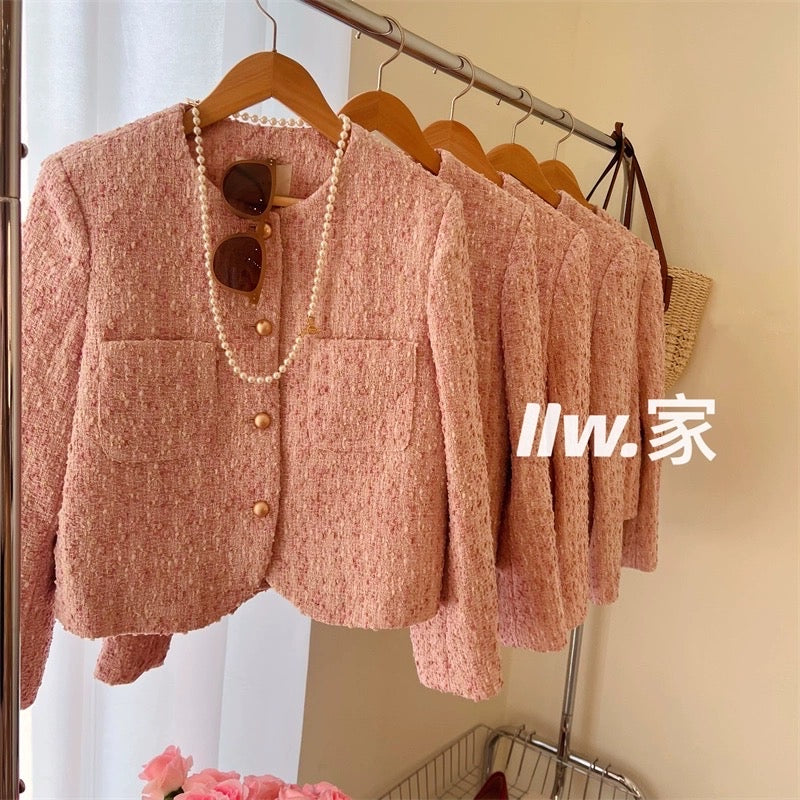 Cherry Blossom Pink ~ Ladies Style French Temperament All-match Small Short Coat Women's Design Sense Gentle Fragrance Top