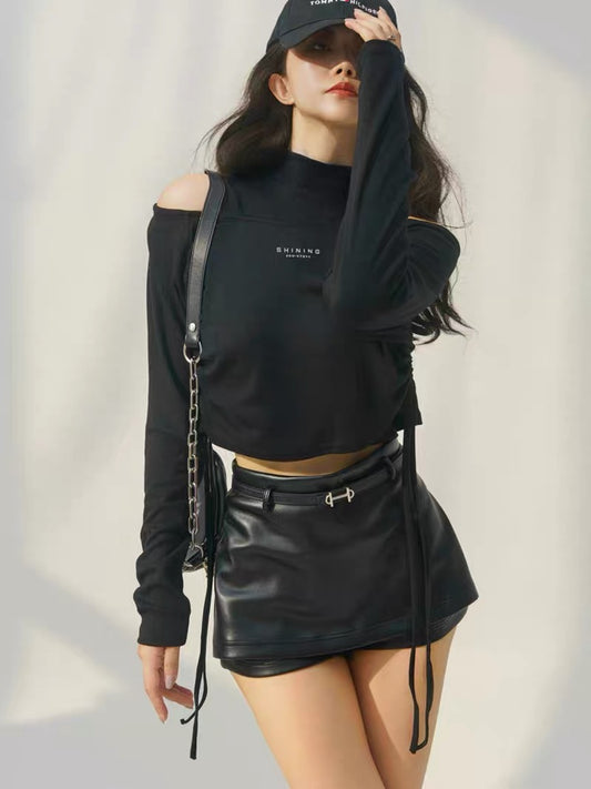 MOONA black leather pants shorts for women to wear as outerwear in autumn, high-waisted and slim, European and American slim-fitting PU leather hip skirt pants