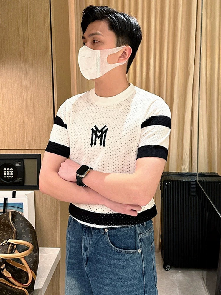 Summer trend embroidery color matching striped slim fit T-shirt men 2024 new casual mesh hollow knitted short sleeve men