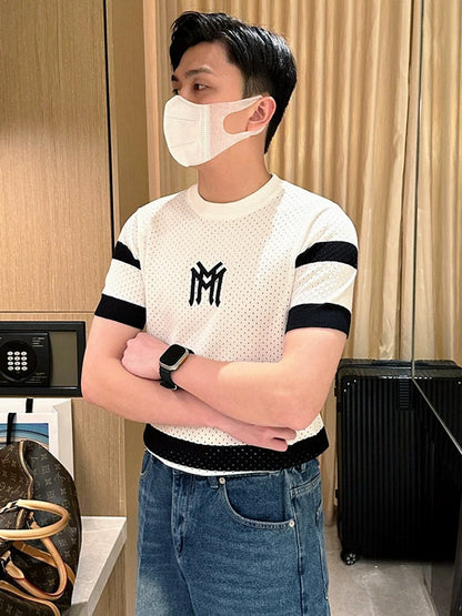 Summer trend embroidery color matching striped slim fit T-shirt men 2024 new casual mesh hollow knitted short sleeve men