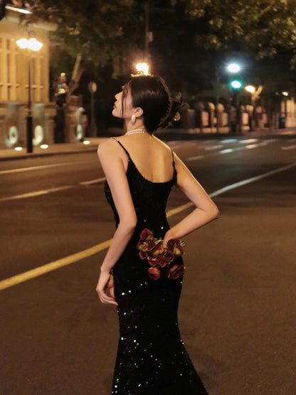 Thirteen and Little French suspender dress for women autumn velvet fishtail temperament black sequin evening dress