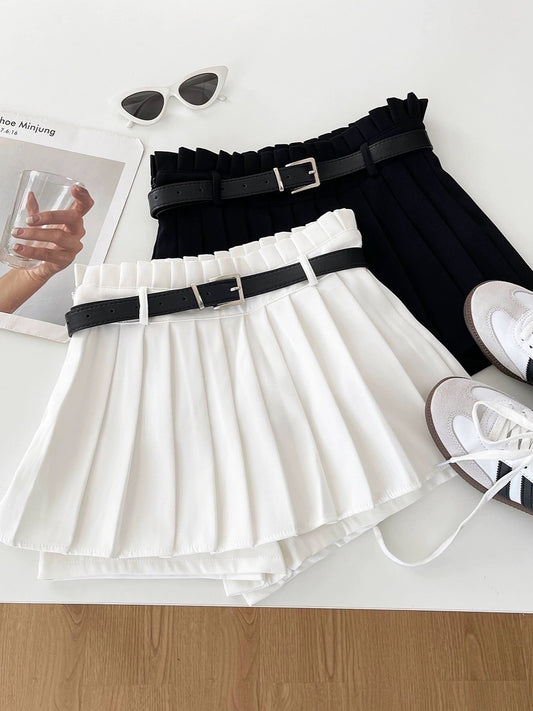 RENA sweet hot girl preppy style design sense solid color high waist slim fit pleated A-line anti-skid skirt