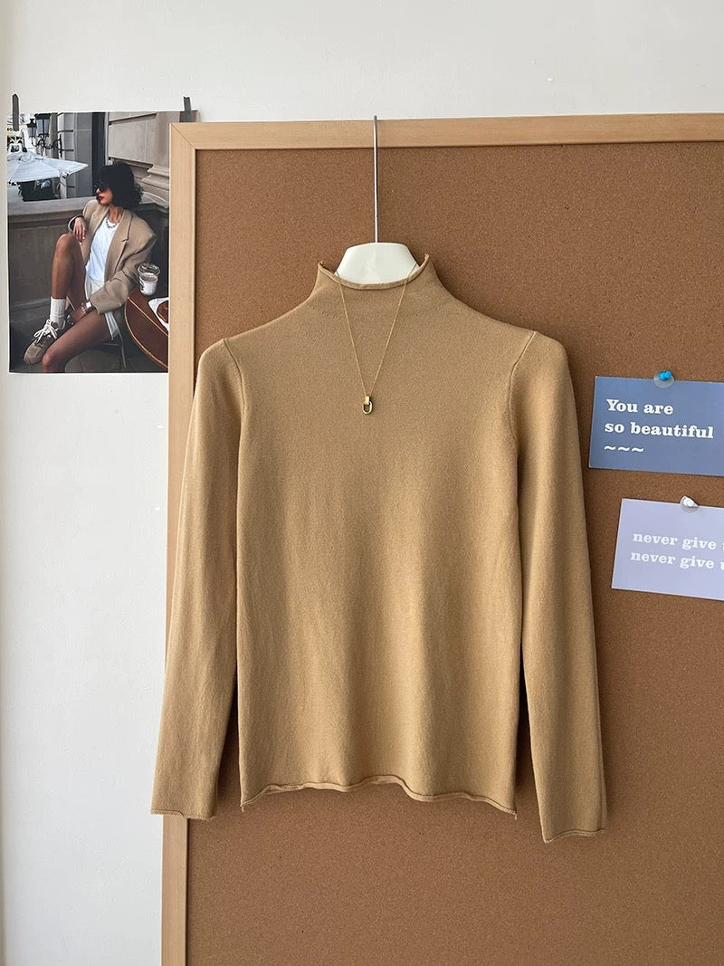 Retro soft and sticky cashmere rolled-edge turtleneck knit sweater for women, autumn and winter, gentle and versatile layering base layer top.