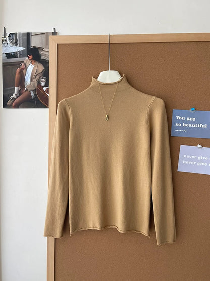 Retro soft and sticky cashmere rolled-edge turtleneck knit sweater for women, autumn and winter, gentle and versatile layering base layer top.