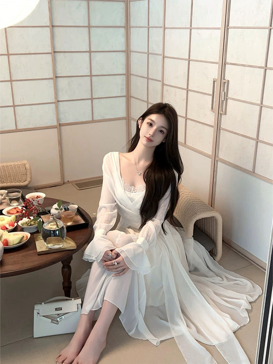 FairyJiang spring fake two-piece white chiffon dress with lace trim and bell sleeves, large skirt and waist skirt