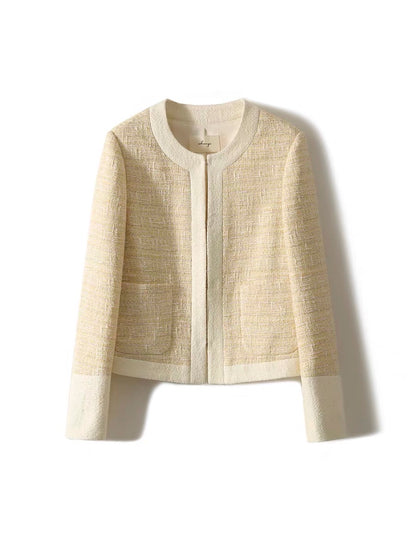 [WTF662636AG] Xiaohan Lemon Tea French Round Neck Tweed Wool Short Fragrance Jacket