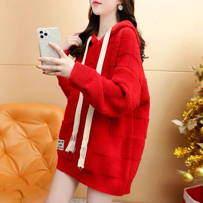 Designed hooded sweater for women 2023 new autumn and winter style versatile loose lazy style thickened knitted jacket