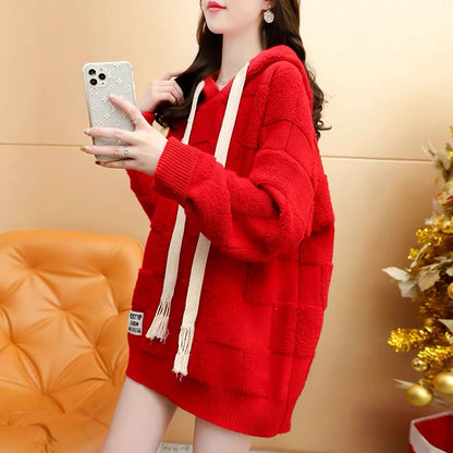 Designed hooded sweater for women 2023 new autumn and winter style versatile loose lazy style thickened knitted jacket