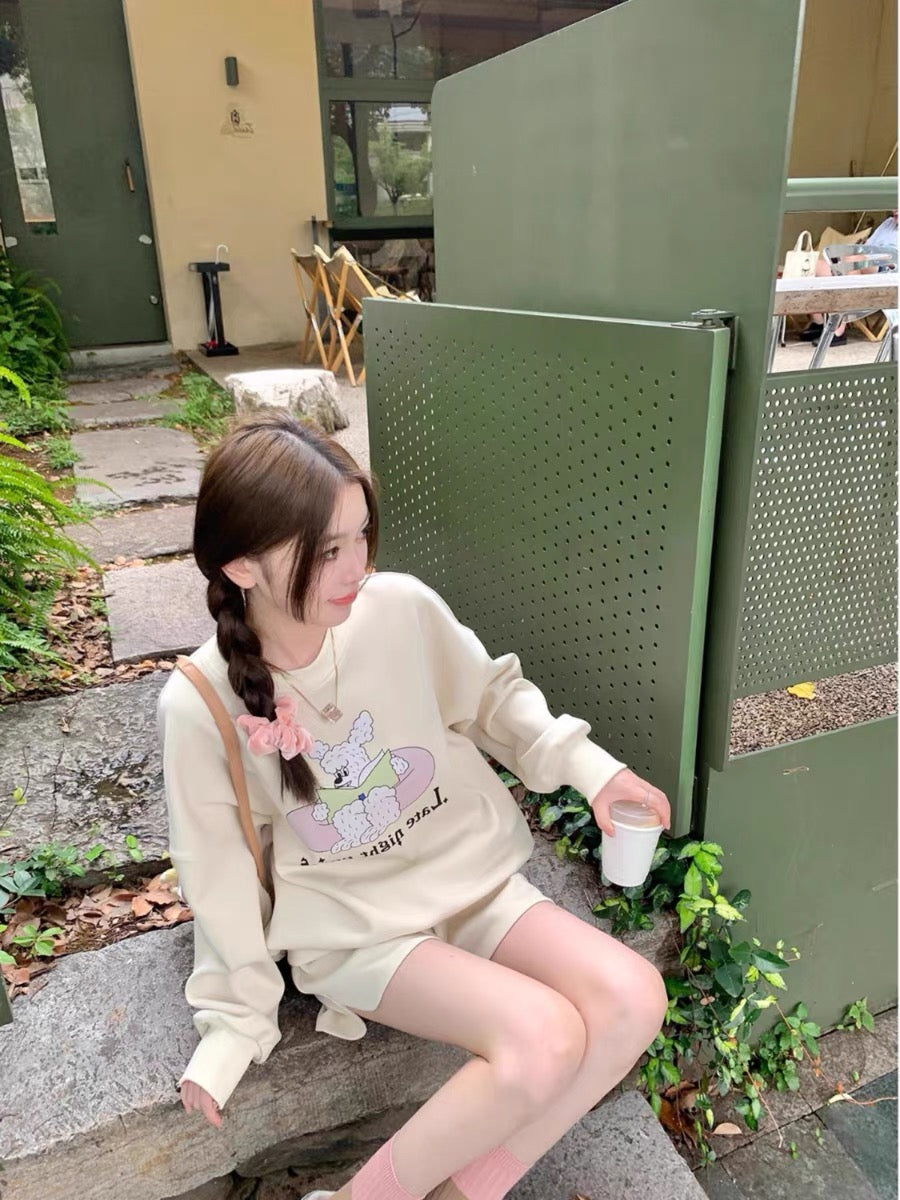 AHY sweatshirt suit for women 2023 early autumn new Korean version versatile casual lazy style street shorts two-piece set