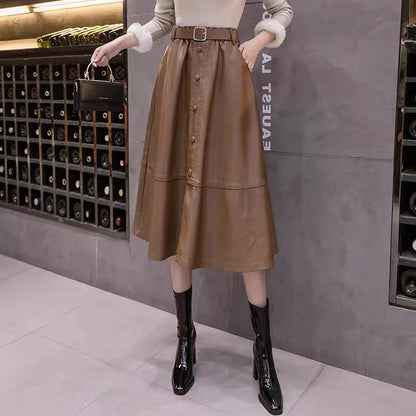 Red leather skirt 2023 new fashion large swing umbrella skirt autumn and winter skirt women's mid-length high-waisted a-line long skirt