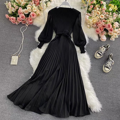 Light and familiar style high waist round neck dress spring and autumn new temperament pure color waist waist slimming big swing pleated long skirt