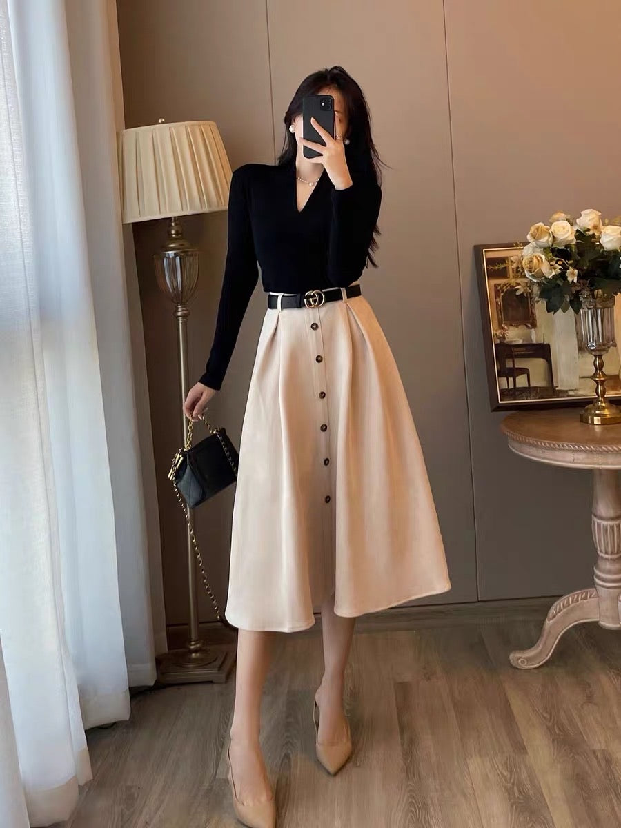 Two-piece suit women's autumn clothes new western style fashionable French retro bottoming velvet dress temperament slim long skirt
