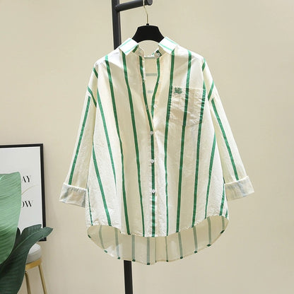 Age-reducing green striped shirt for women 2024 spring and autumn new Korean loose casual long-sleeved shirt sunscreen top