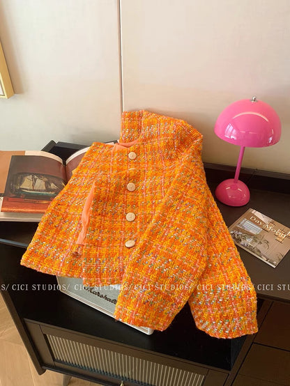Orange double-breasted short style jacket for women in autumn and winter 2023 new style exquisite ladylike temperament and high-end sense top