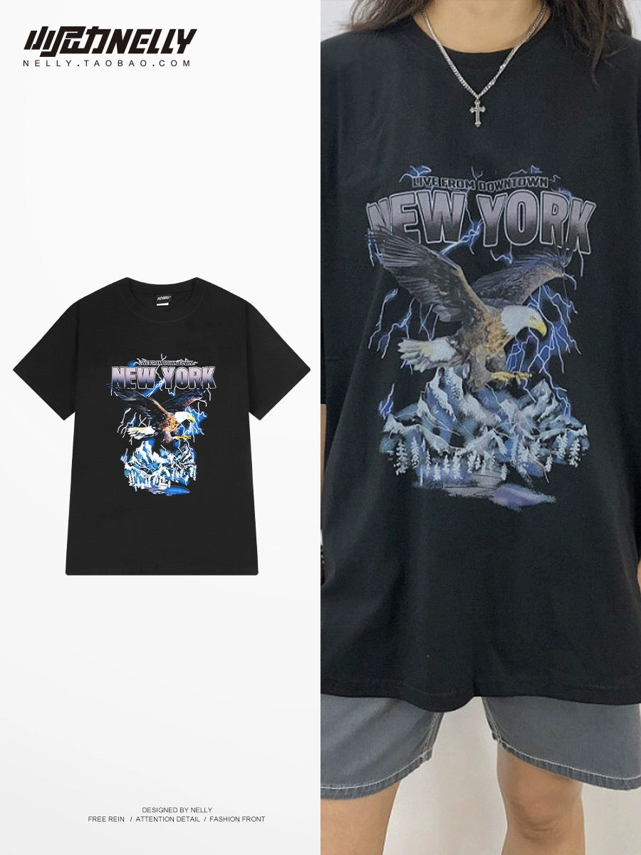 Pure cotton short-sleeved men and women summer thin 2024 new casual trendy brand creative eagle print half-sleeve short-sleeved T-shirt