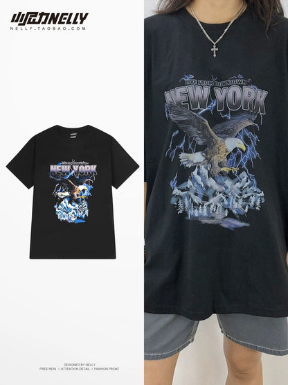 Pure cotton short-sleeved men and women summer thin 2024 new casual trendy brand creative eagle print half-sleeve short-sleeved T-shirt