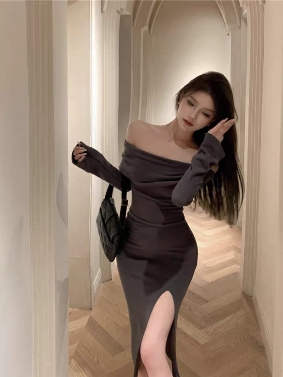 One-shoulder slim long-sleeved unique dress, super nice and sexy fishtail hip skirt, new autumn long dress for women A2265