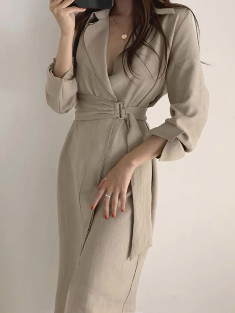 Korean chic French retro temperament single-breasted belt design mid-length shirt dress for women