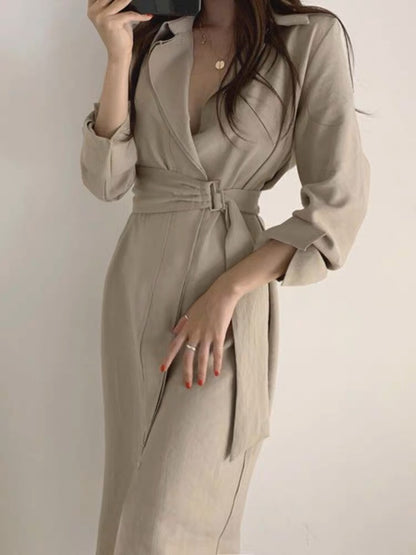 Korean chic French retro temperament single-breasted belt design mid-length shirt dress for women