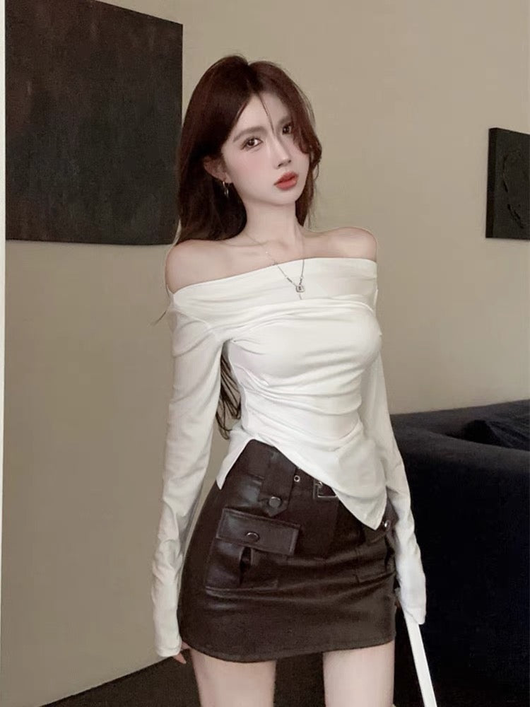 Pure desire babes sexy one-shoulder top women's autumn slit long-sleeved T-shirt bottoming shirt with a design sense niche