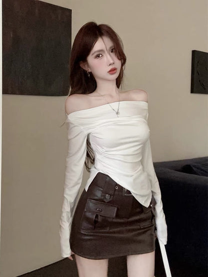 Pure desire babes sexy one-shoulder top women's autumn slit long-sleeved T-shirt bottoming shirt with a design sense niche