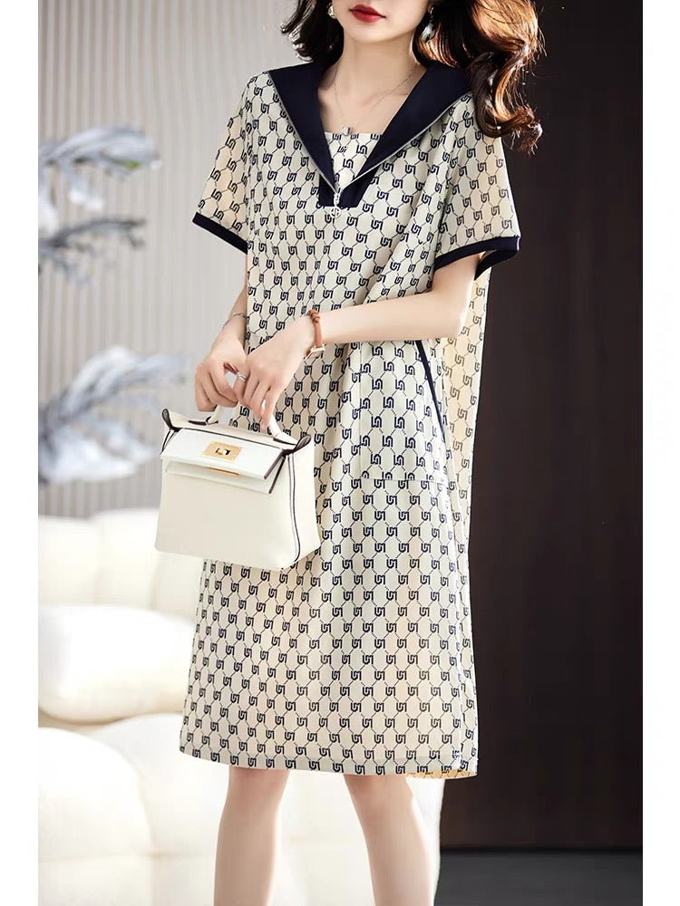 Plain wood large size printed lapel dress for women 2023 summer new mid-length skirt European station age-reducing A-line skirt