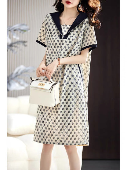 Plain wood large size printed lapel dress for women 2023 summer new mid-length skirt European station age-reducing A-line skirt