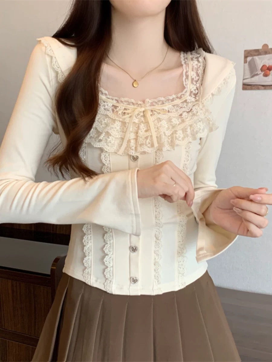 Plus size women's lace patchwork bow square neck T-shirt women's long-sleeved slim inner wear chic top